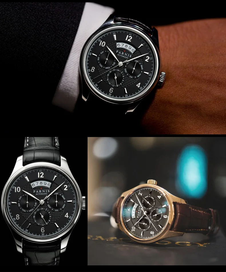 Parnis 42 мм автоматические часы Moon Phase Запас хода Часы мужские роскошные брендовые Топ Miyota механические моталки часы