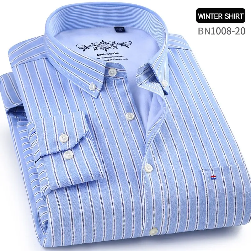 Winter mens work shirts striped solid color Long sleeve social men dress shirt oxford male shirts Plus size 4XL White color - Цвет: BN1008-20