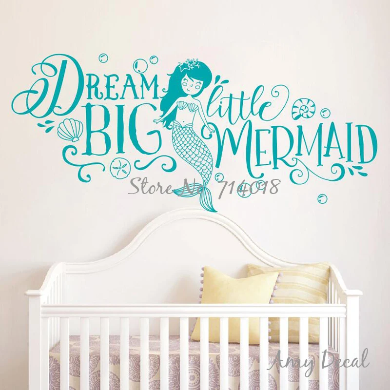 Dream Big Little Mermaid Wall Sticker Girls Nursery Decor Cute Quote Stickers Kids Room Decoration Vinyl Mural A868 | Дом и сад
