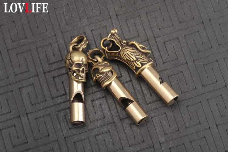 Copper Dragon/Skull Head Keychain Pendants Outdoor Referee Whistle Vintage Key Chains for Wild Survival Whistles Keyring Jewelry