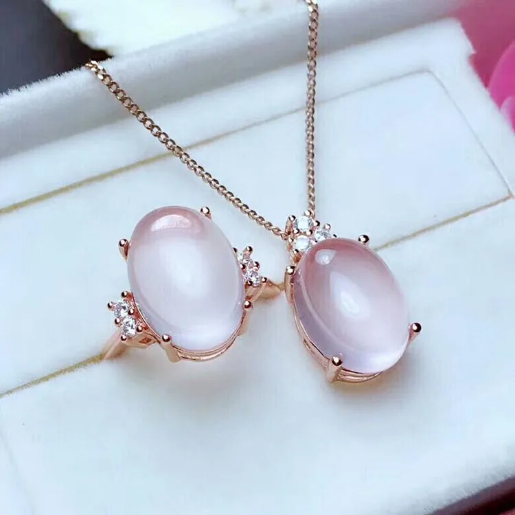 

MeiBaPJ Natural High Quality Pink Rose Quartz Fine Jewelry Set 925 Pure Silver Necklace and Ring Suit for Women