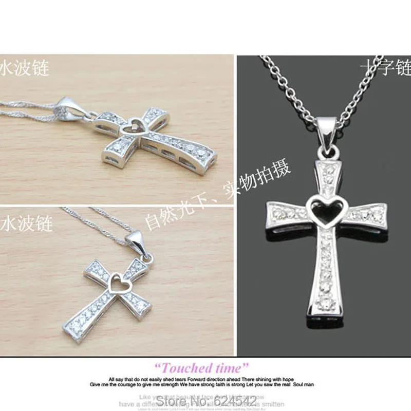 Твердые 925 Серебро CZ кулон крест с сердцем ожерелье для женщин|heart cross pendant|necklace silver