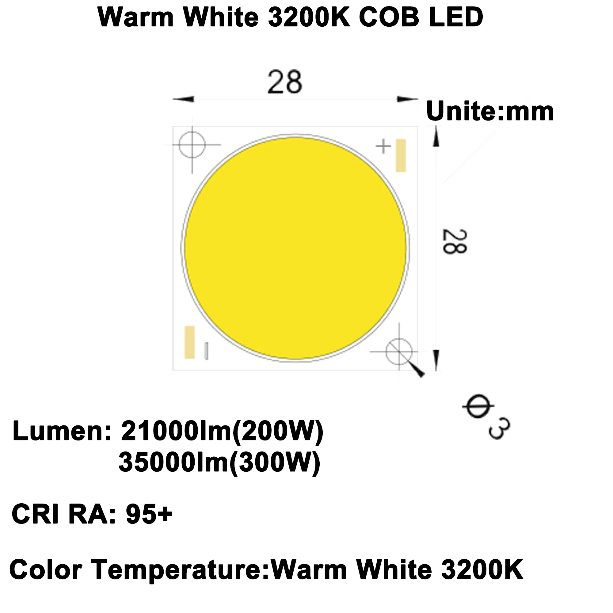 DIY LED U-HOME High CRI RA 95+ 300W COB LED Warm White 3200K DC47.8-56.2V 5750mA 30000-35000lm for DIY LED Flashlight Projector