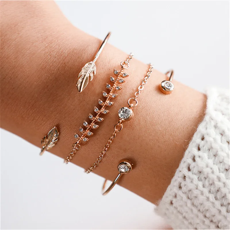 Boho полые круг кристалл Bileklik открытым браслеты для женщин рыбные кости листья треугольники мяч браслет комплект леди ювелирн