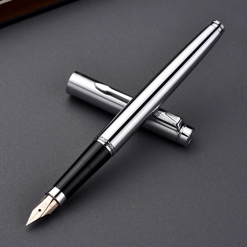 Hero 200A 14K Gold Collection All Steel Silver Fountain Pen Silver Clip Fine Nib 0.5mm Gift Pen and Gift Box for Business Office