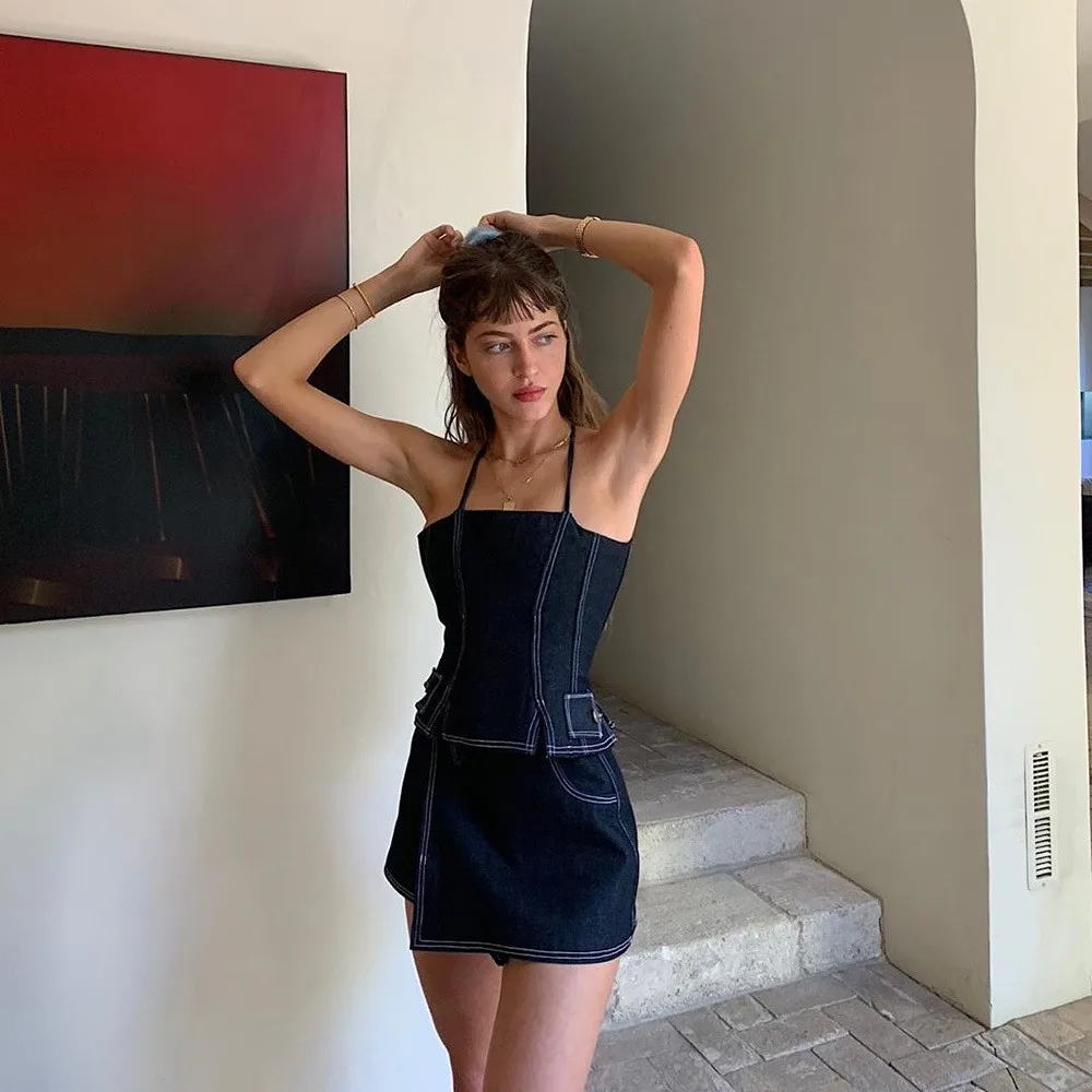 2019 New Brand Two Pieces Denim Sets Women High Street Sexy Backless Strappy Summer Camis And Skirts cwd0617-5 | Женская одежда