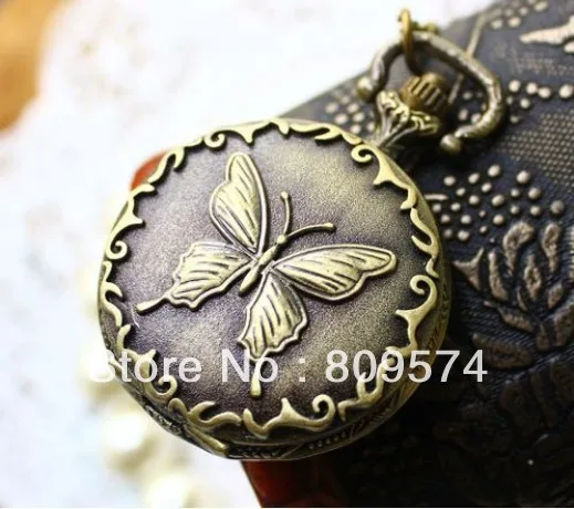 

wholesale price good quality girl woman lady vintage retro new bronze butterfly pocket watch necklace with chain