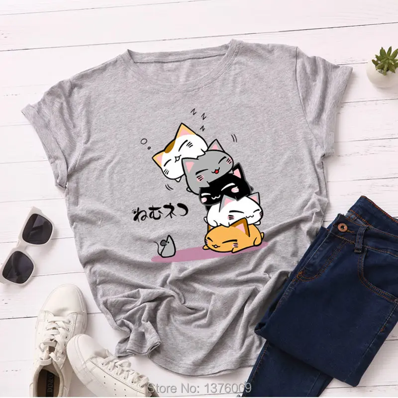 Летняя футболка с японскими играми женская футболка с котом Neko Atsume повседневные топы в стиле Харадзюку для школьниц Shein Mujer Tee S-5XL - Цвет: Серый
