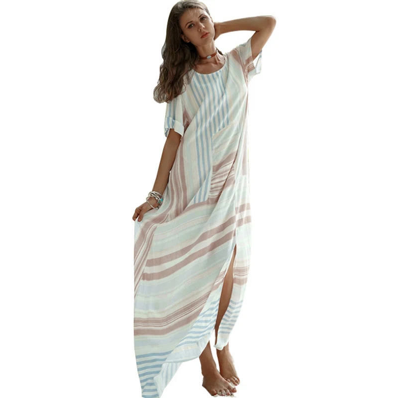 Женское винтажное длинное платье в полоску элегантное пляжное макси из хлопка и