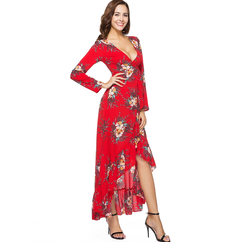 Для женщин Лето boho пляжное длинное платье пикантные модные глубокий v-образным