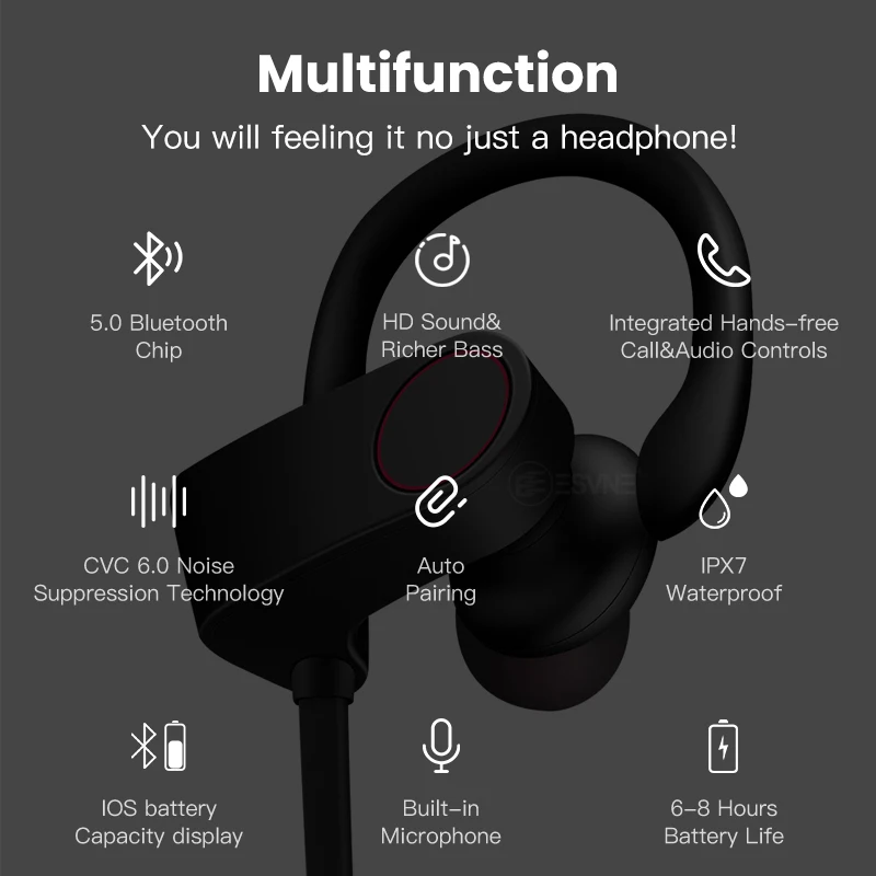 Esvne Спортивные Bluetooth наушники с микрофоном активным шумоподавлением