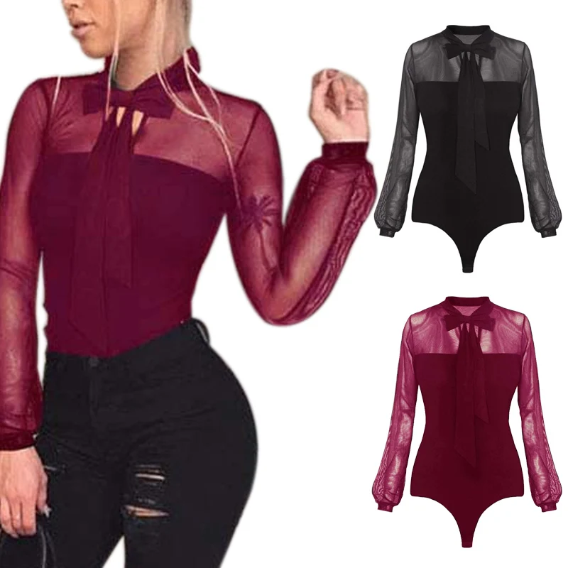

Women Long Sleeved Jumpsuit Bow Lace Mesh 1-piece Perspective Shirt Spring Summer BMF88