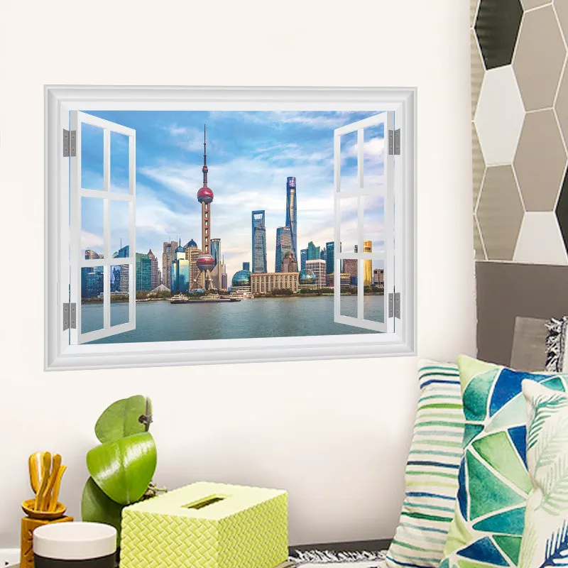 Oriental Pearl Tower 3d поддельные наклейки окна стены Гостиная Украшения в спальню