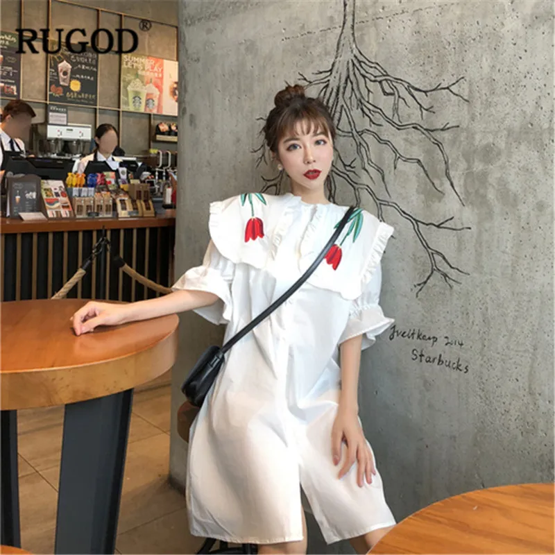 RUGOD шикарные оборки с расклешенными рукавами женские длинные рубашки корейский