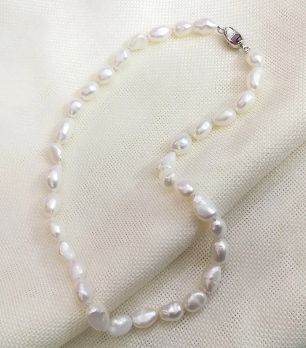 

Women Jewelry 43cm 17'' necklace 9x10mm white pearl baroque pearl 925 silver clasp handmade Real cultured freshwater pearl gift