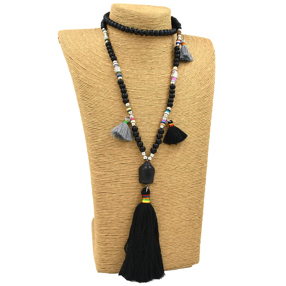 

New Handmade vintage wooden rosary beads long necklace tassel Buddha pendent necklace Tibetan Buddhism ethnic necklace