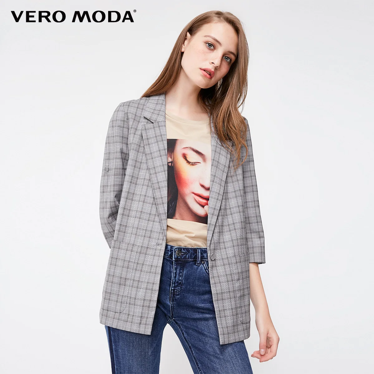 Lt. grey mel. Vero Moda Женская клетчатая печать 3/4 рукава Длинная Куртка Блейзер | 318308511 - Цвет: Lt. grey mel.