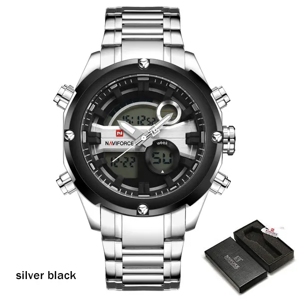 Silver Black Naviforce для мужчин 30 м водонепроницаемые часы полностью из нержавеющей стали Аналоговый Цифровой дисплей светодиодный часы для мужчин s военные часы Relogio Masculino - Цвет: Silver Black