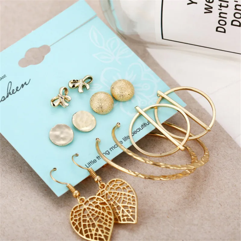 

2019 Fashion New Retro Openwork Leaves Punk Sequin Bow Earring Set Simple Exaggerated Big Circle Women Gift Gold Earrings