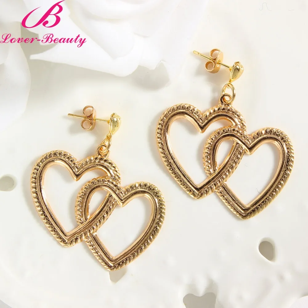 Lover Beauty New Hollow Heart Double Sweet Gold Love Earrings Orecchini Brincos Pendientes Oorbellen Women Gifts Jewelry -D | Украшения и