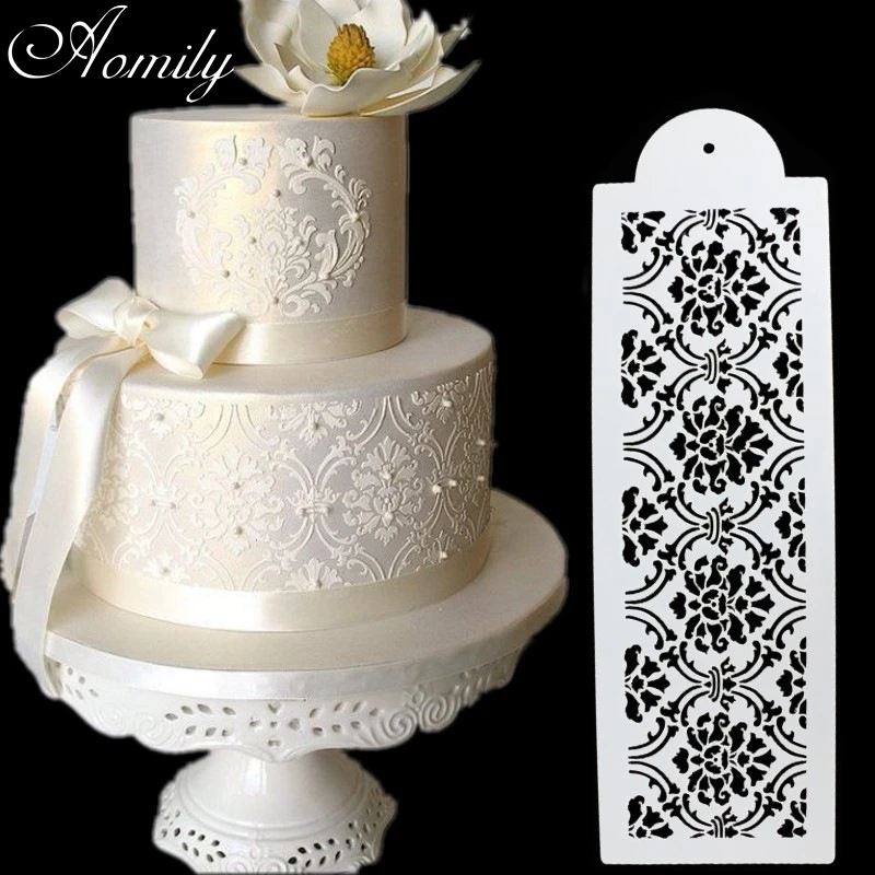 Aomily 3pcs/set Cake Stencil Damask Lace Border Birthday Cake Side Cupcake Wedding Party Sugar Craft Decoration Baking Tool