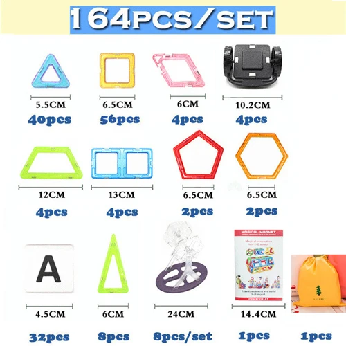 164pcs big with bag 164 шт. большой размер Магнитный дизайнерский Строительный набор модель и магнит игрушка треугольник квадратный конструктор пластиковый подарок для мальчиков девочек - Цвет: 164pcs big with bag