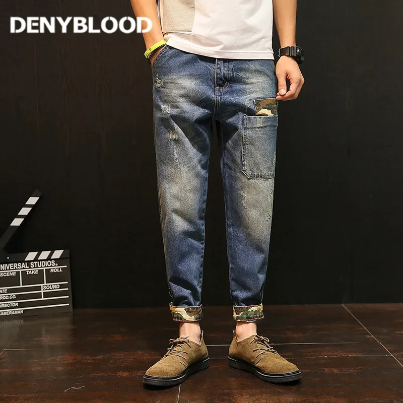 

Denyblood Jeans Mens Distressed Jeans Ripped Camouflage Patchwork Pocket Harem Pants for Men Cross-pants Darked Wash Jeans 5151