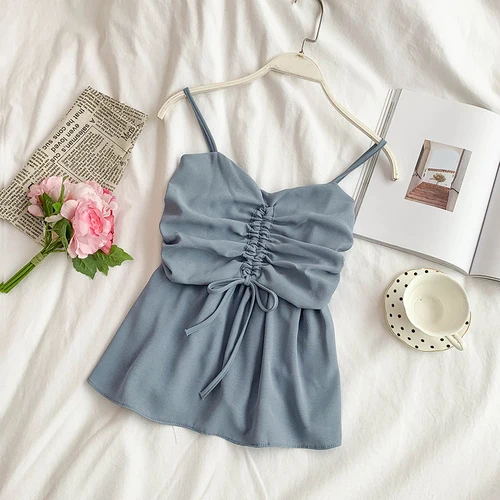 Синий Ins чистого цвета привязанный с v-образным вырезом симпатичное детское платье без рукавов, домашний топ в стиле кэжуал женские очаровательные Топы G887 - Цвет: Синий