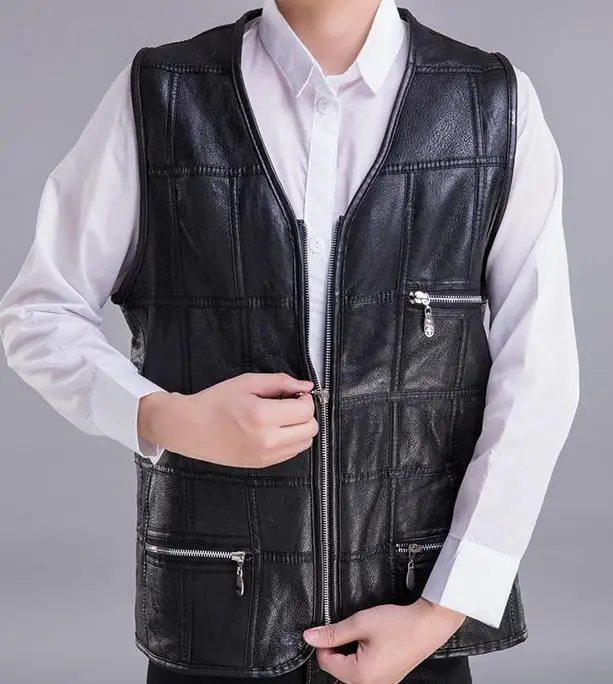 Модный мужской жилет без рукавов кожаный с меховой отделкой кардиган для отдыха