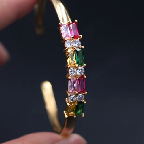 gold plated Роскошные красочные геометрические браслеты с кубическим цирконием золотого цвета Медные зеленые стеклянные кристаллы камень Женский Регулируемый браслет ювелирные изделия - Окраска металла: gold plated