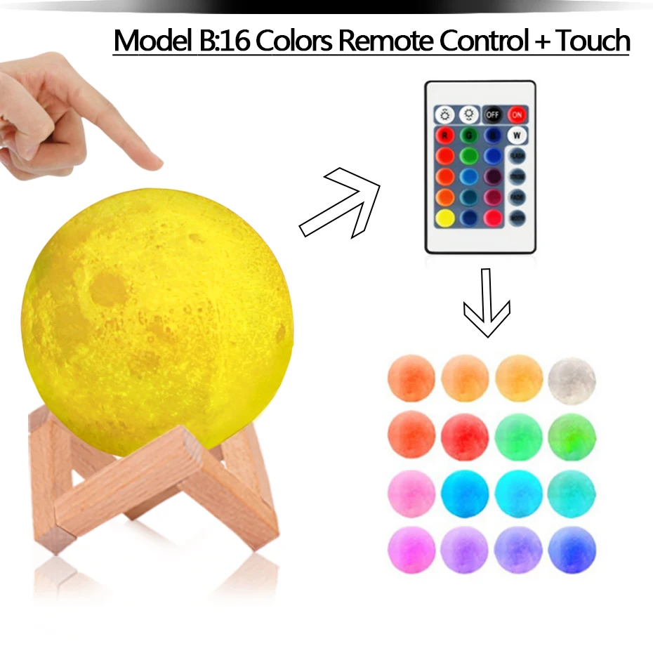 3D печать перезаряжаемая луна лампа 16 видов цветов Изменение Луна свет