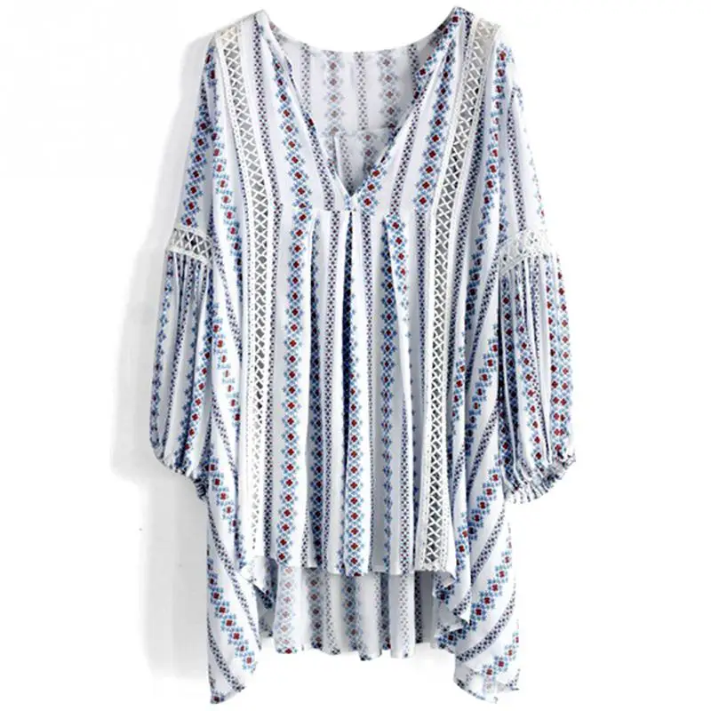 Для женщин V вырез горловины пуловер с длинными рукавами синий печать свободные