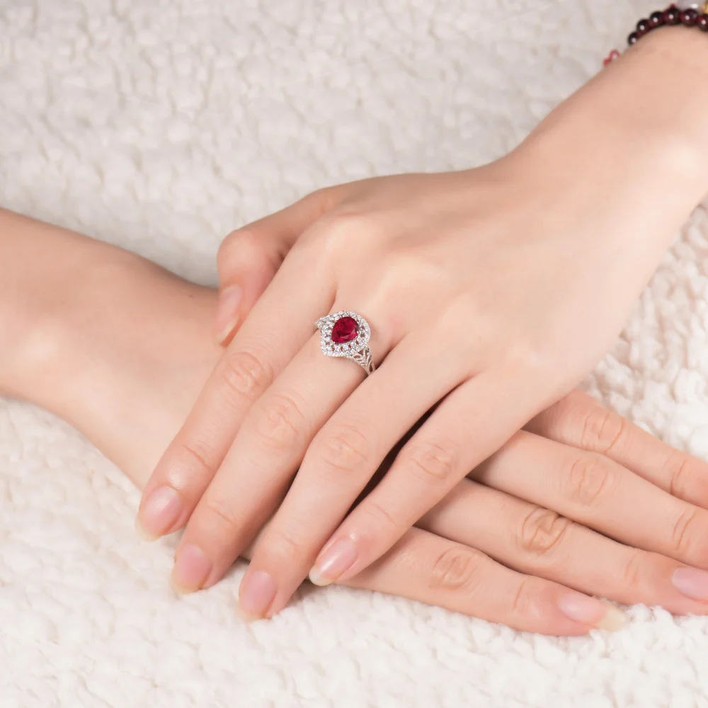 LOVERJEWELRY, женские кольца, Новое поступление, в форме груши, красный рубин, обручальные кольца, одноцветные, 14 к, белое золото, бриллиант, хорошее ювелирное изделие для женщин