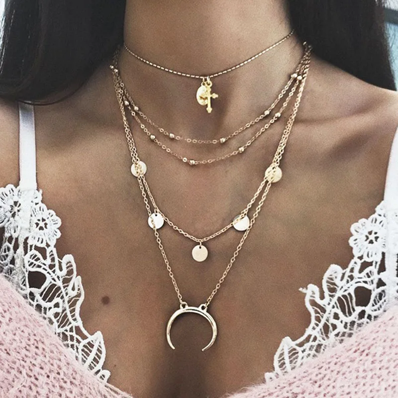 Bohemian Multilayer Vintage Cross Rose Flower Moon Pendant Necklaces for Women Sexy Long Chains Necklace Jewelry YN441 | Украшения и