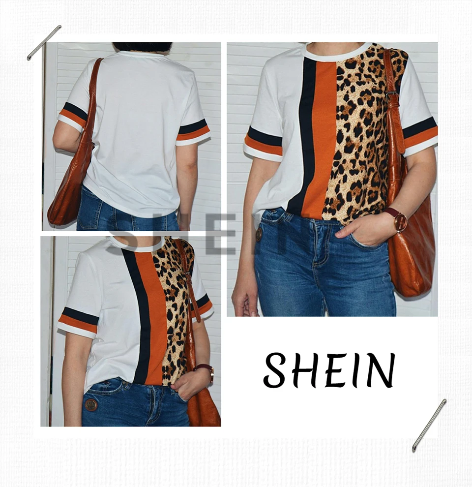 SHEIN Color Block Cut-and-Sew Leopard Panel Top Short Sleeve O-Neck Casual T Shirt Women Summer Leisure Ladies Tshirt Tops