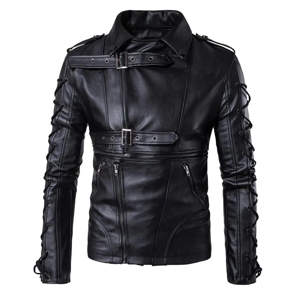 

High Quality Men faux leather Streetwear coat Men Drawstrings Motorcycle Jackets Hiphop skateboard Punk Leather Jacket 072806