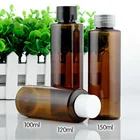 Пустая бутылка из ПЭТ янтарного цвета, 30 шт.лот, 100 мл, 120 мл, 150 мл, коричневая, с плоским плечом, пластиковая бутылка с черной крышкой и внутренней пробкой