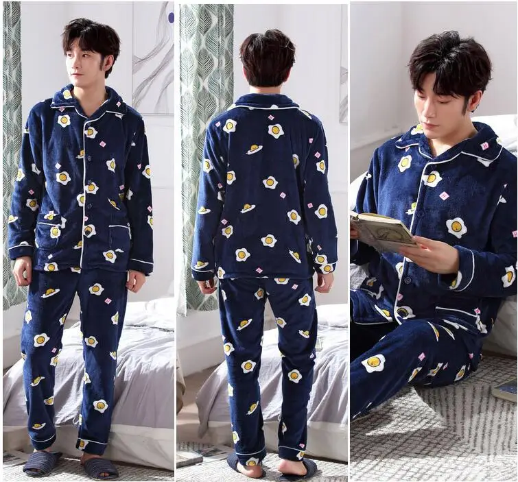 Fashion Brand Luxury Winter Pajamas Men Sleepwear Thick Warm Coral Fleece Mens Pajama Set Male Nightwear Leisure Home Clothing