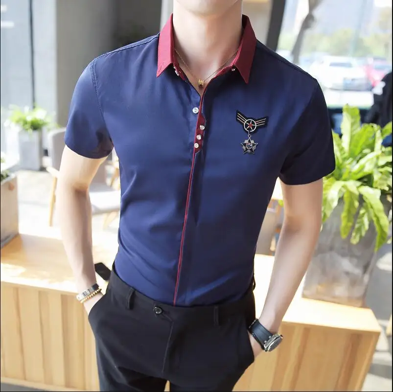 British Harajuku Mens Shirts Medal Designer Pink Camisa Social Slim Fit Dress Blouse Men Short Sleeve Casual Shirt Plus Size 5XL | Мужская