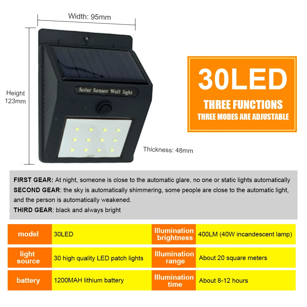 30LED three switches Солнечная мощность лампа 20 светодиодный PIR датчик движения настенный светильник домашний открытый светильник настенный водонепроницаемый сад наружное освещение для коридоров солнечная новинка - Испускаемый цвет: 30LED three switches