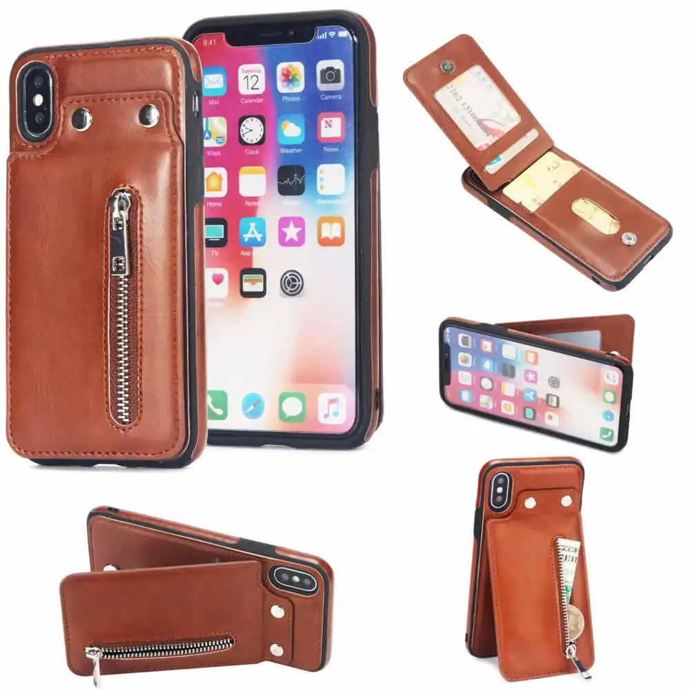 Сумка для телефона на молнии, Вертикальный флип-чехол для iphone XS Max X XR 7 8 6 6S Plus, чехол, кожаный держатель для карт, кошелек для iphone XS Max - Цвет: Brown