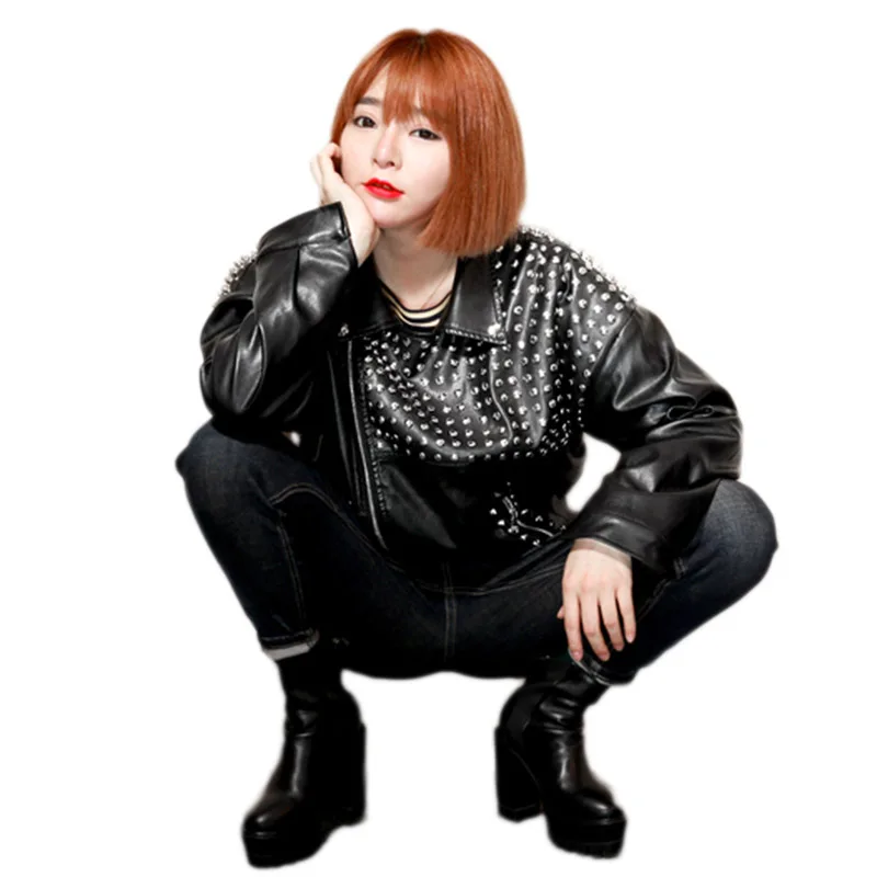 Женская мотоциклетная куртка с заклепками свободная из искусственной кожи в
