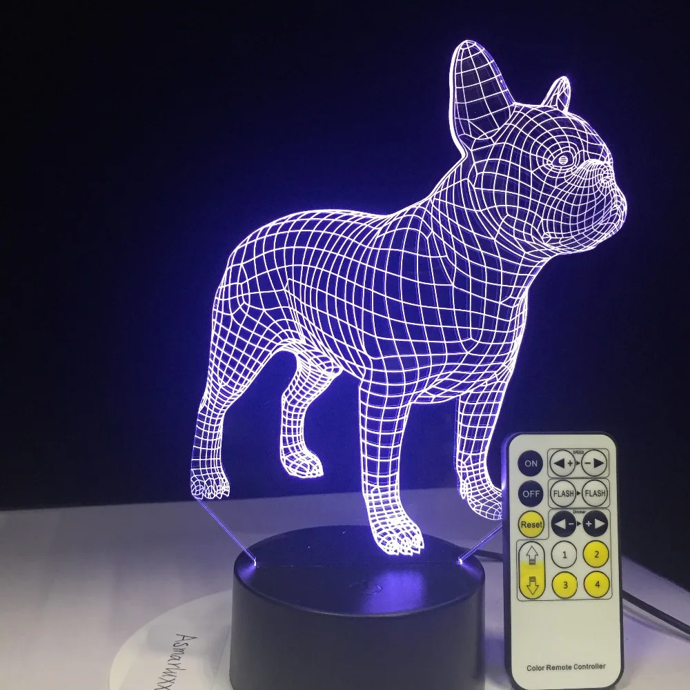Французский бульдог 3D USB светодиодный ночник 3AA батарея мощность 7 цветов Изменение иллюзия Лампа сенсорный пульт дистанционного управления детская спальня лампа