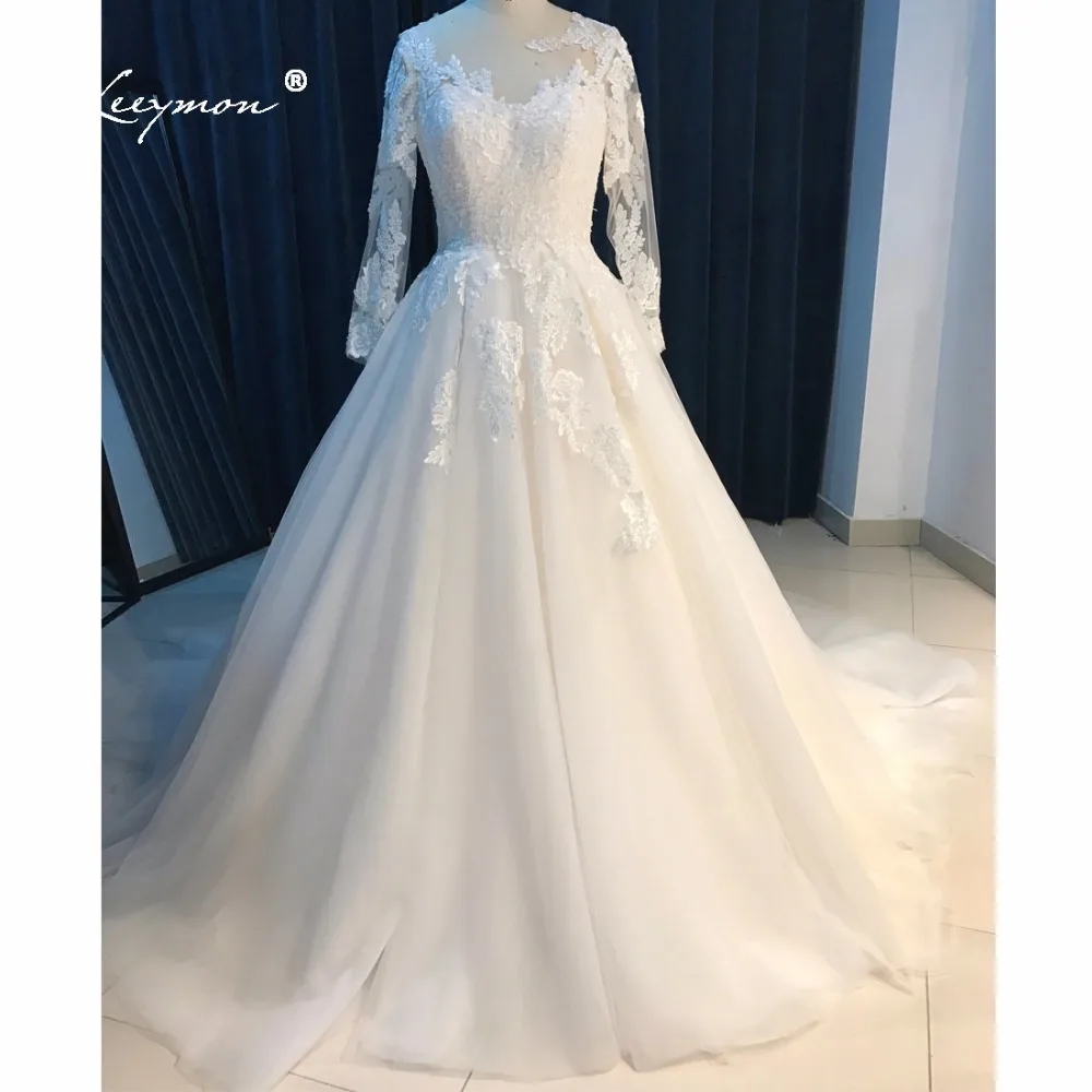 Leeymon с длинными рукавами кружева свадебное платье 2017 Sheer V обратно плюс размер Vestido