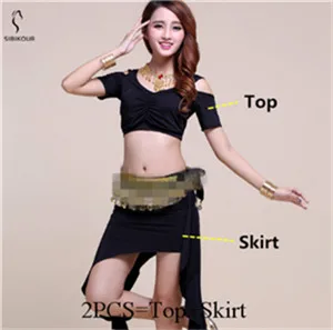 Black 2pcs Костюм для танца живота практическая одежда сценическая одежда для взрослых Восточный Болливуд индийский Топ Юбка Пояс тренировочная одежда 8 цветов - Цвет: Black 2pcs