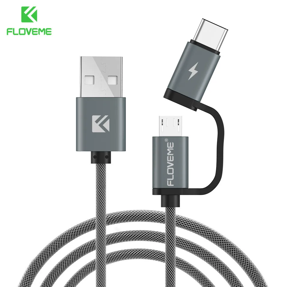FLOVEME QC 3.0 Micro USB Cable 2 in 1 Type C Cord Fast Charger Cable Micro USB Type C For Samsung Note 9 8 S9 For Huawei P20 pro