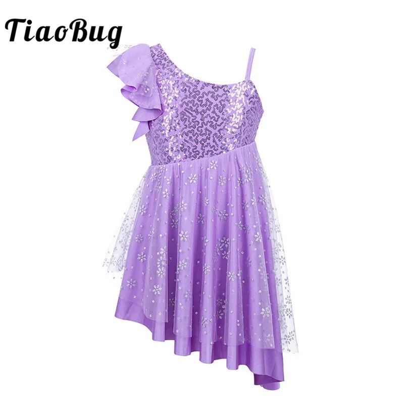 

TiaoBug Kids Girls One-Shoulder Sequins Irregular Hem Ballet Tutu Gymnastics Leotard Dress Children Figure Skating Dance Costume