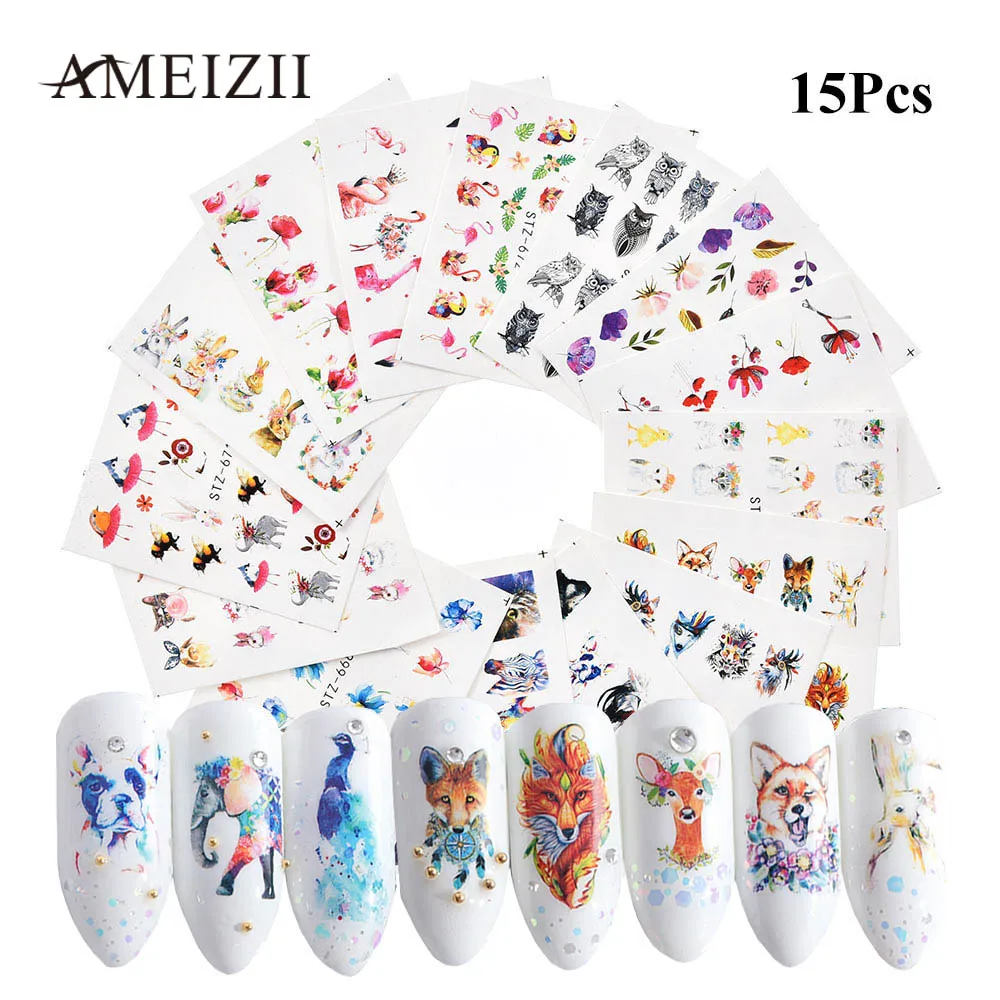 AMEIZII 15/20/24 шт Нейл-арт Стикеры s акварель цветок олень Фламинго водяные наклейки для ногтей передачи слайдер Стикеры DIY украшения