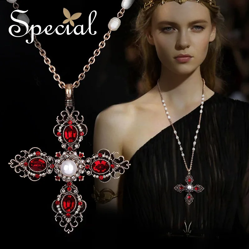 

Special Brand Fashion Gold Maxi Necklaces & Pendants European Style Cross Natural Vintage Pearls Jewelry Gifts for Women S1605N