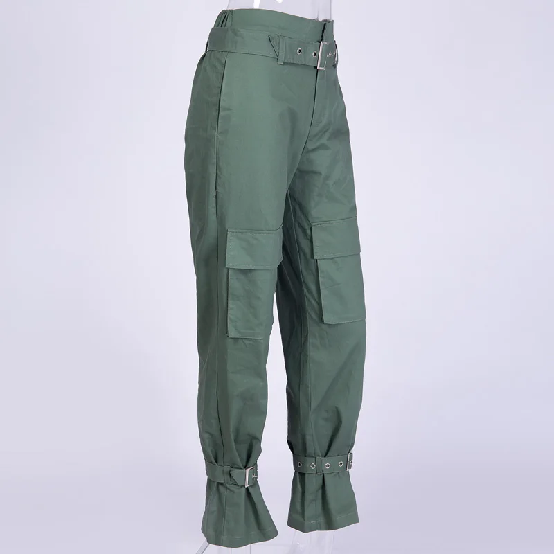 green pant InstaHot женские брюки карго с поясом свободные для бега брюки женские осенние карманы брюки с поясом повседневные спортивные штаны, женские брюки-шаровары Hip Hop - Цвет: green pant